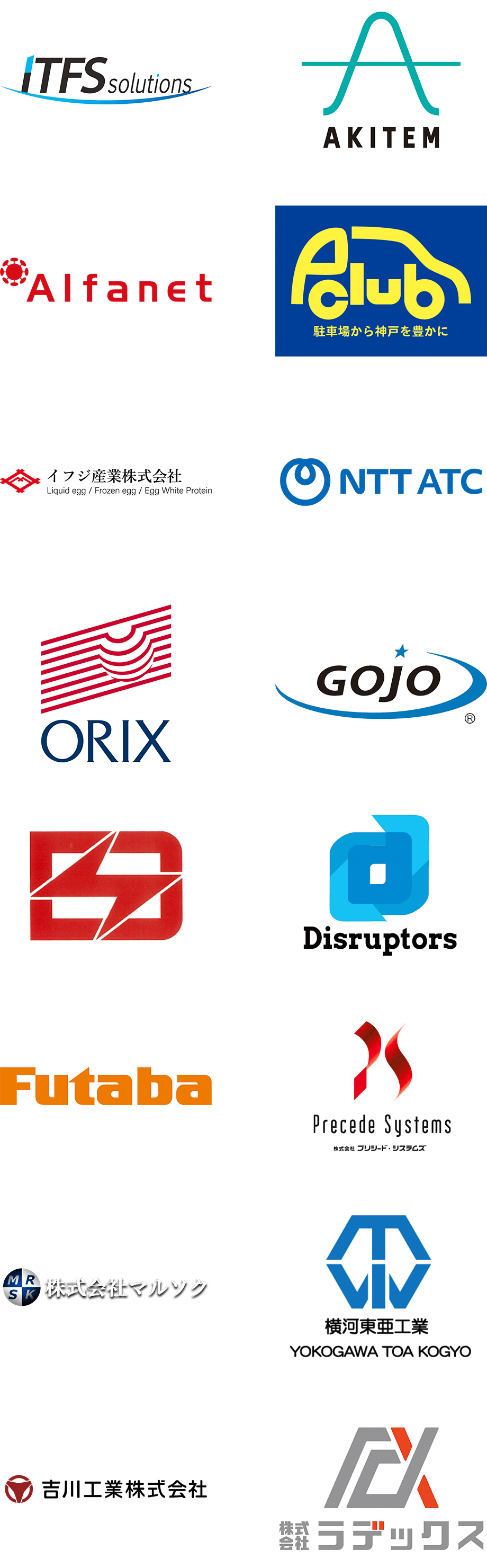 株式会社ITFSソリューションズ、株式会社アキテム、株式会社アルファネット、株式会社イーエスプランニング、イフジ産業株式会社、NTT-ATテクノコミュニケーションズ株式会社、オリックス株式会社、ゴージョージャパン株式会社、静岡電装株式会社、株式会社ディスラプターズ、双葉電子工業株式会社、株式会社プリシード・システムズ、株式会社マルソク、横河東亜工業株式会社、吉川工業株式会社、株式会社ラデックス