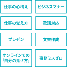 仕事の心構え、ビジネスマナー、仕事の覚え方、電話対応、プレゼン、文書作成、オンラインでの
							「自分の見せ方」、事務ミスゼロ