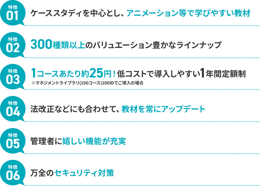 特徴01 ケーススタディを中心とし、アニメーション等で学びやすい教材、特徴02 300種類以上のバリュエーション豊かなラインナップ、特徴03 1コースあたり約25円!低コストで導入しやすい1年間定額制 ※マネジメントライブラリ(190コース)100IDでご導入の場合、特徴04 法改正などにも合わせて、教材を常にアップデート、特徴05 管理者に嬉しい機能が充実、特徴06 万全のセキュリティ対策