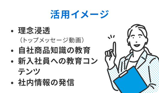 理念浸透 自社商品知識の教育 新入社員への教育コンテンツ 社内情報の発信 活用イメージ