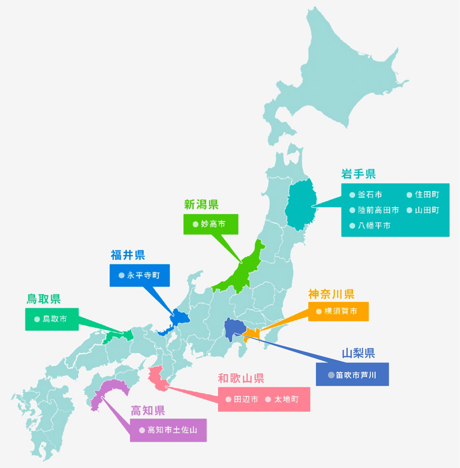 越境学習を実施している【岩手県】釜石市、住田町、陸前高田市、山田町、八幡平市【新潟県】妙高市【福井県】永平寺町【神奈川県】横須賀市【山梨県】笛吹市芦川【和歌山県】田辺市、太地町【鳥取県】鳥取市【高知県】高知市土佐山